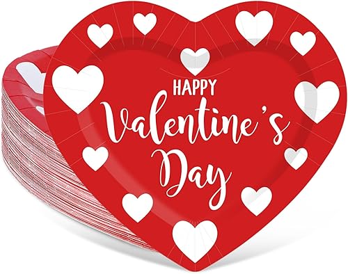 JarThenaAMCS 40 platos de papel para el día de San Valentín, platos desechables con forma de corazón rojo, platos decorativos de postre para boda,