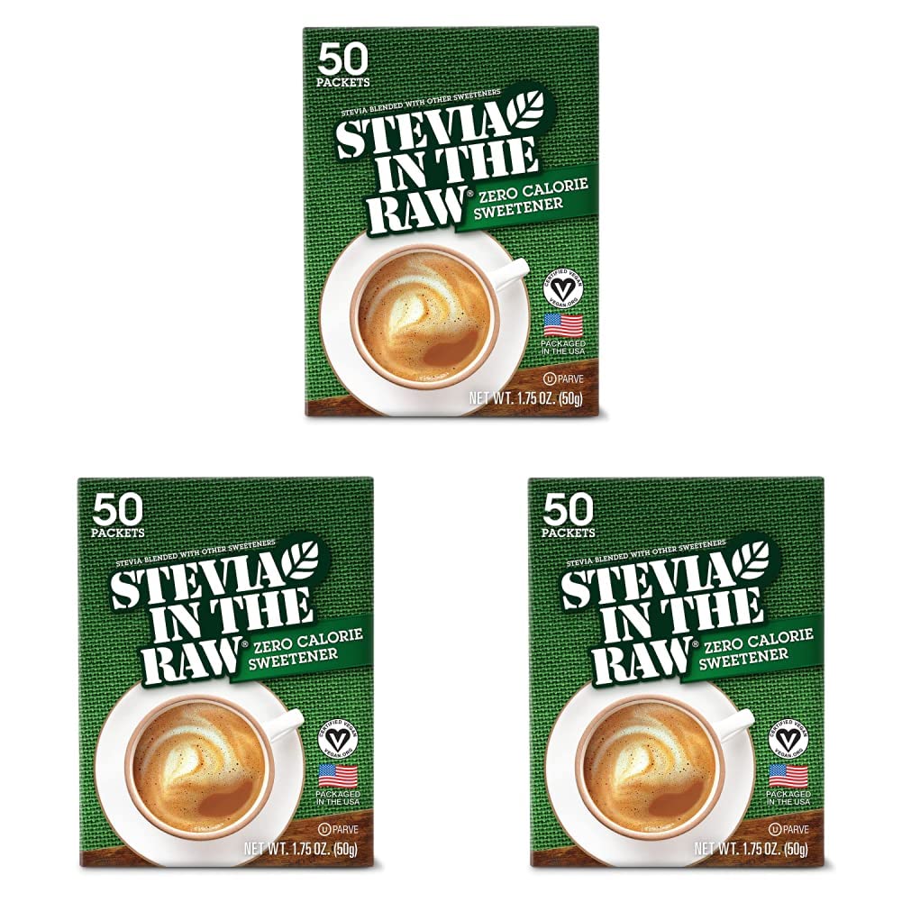 Stevia In The Raw, Plant Based Zero Calorie Sweetener, Sugar Substitute, Sugar-Free Sweetener For Coffee, Hot & Cold Drinks, Suitable For Diabetics, Vegan, Gluten-Free, 50 Count Packets (Pack of 3)