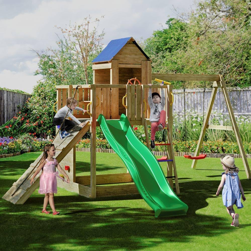 Casetta da Giardino per Bambini Fungoo Treehouse 3 – Parco Giochi in Legno con Altalene, Scivolo 2,2 m, Arrampicata e Accessori – Uso Privato – Disponibile da Agosto 2025