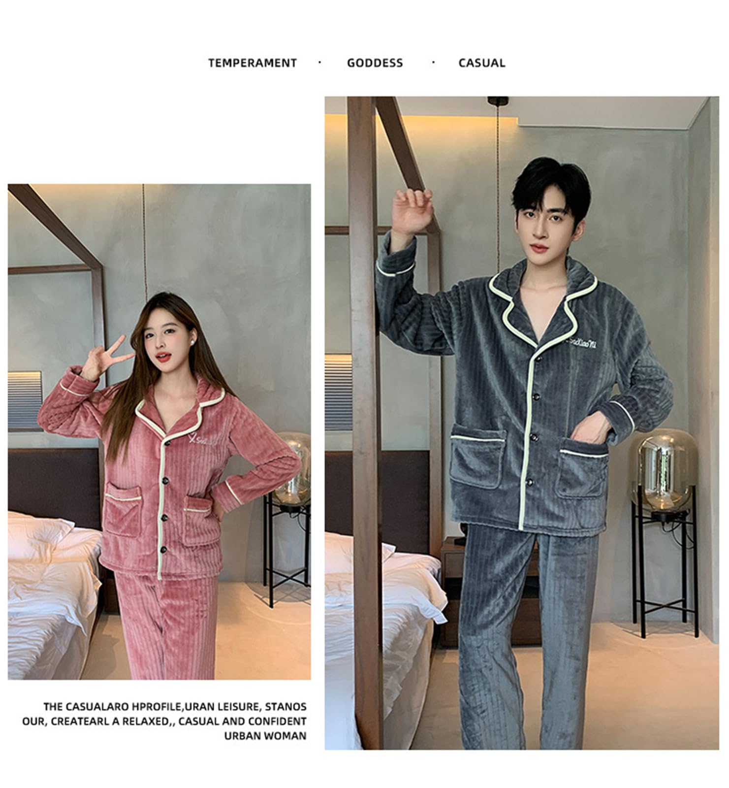 Pijamas de los Hombres Traje de Dos Piezas de Franela Invierno Grueso y cálido Terciopelo Coral Uso casero Pijama Set Lovers Sleepwear 2PCS Ms Nightwear