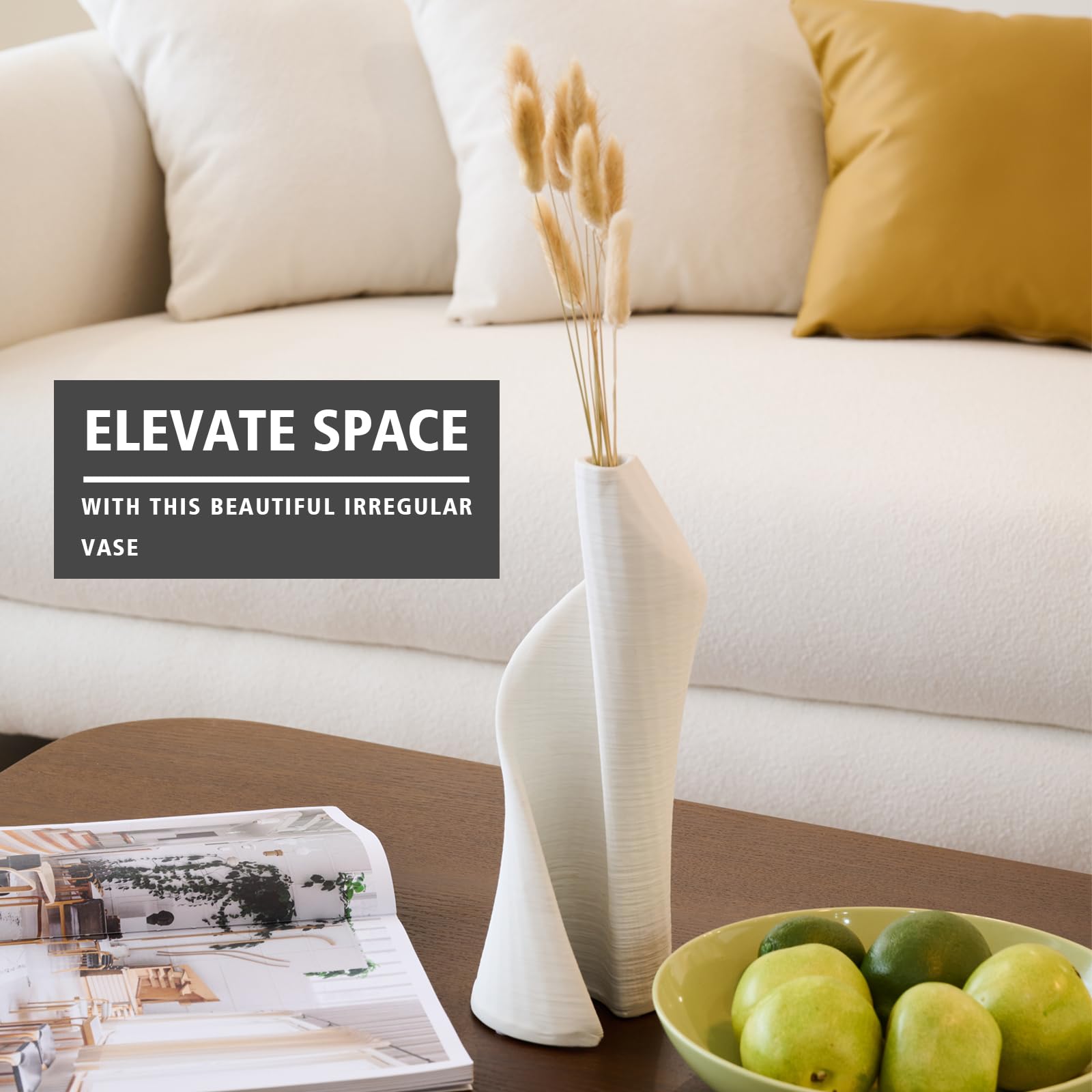 White Ceramic Vase for Home Decor. Unique Flowers Vases for Table Vase Centerpiece, Office Decor, Cute Kitchen Decor, Boho Decor,Ribbed Vase for Pampas Grass.