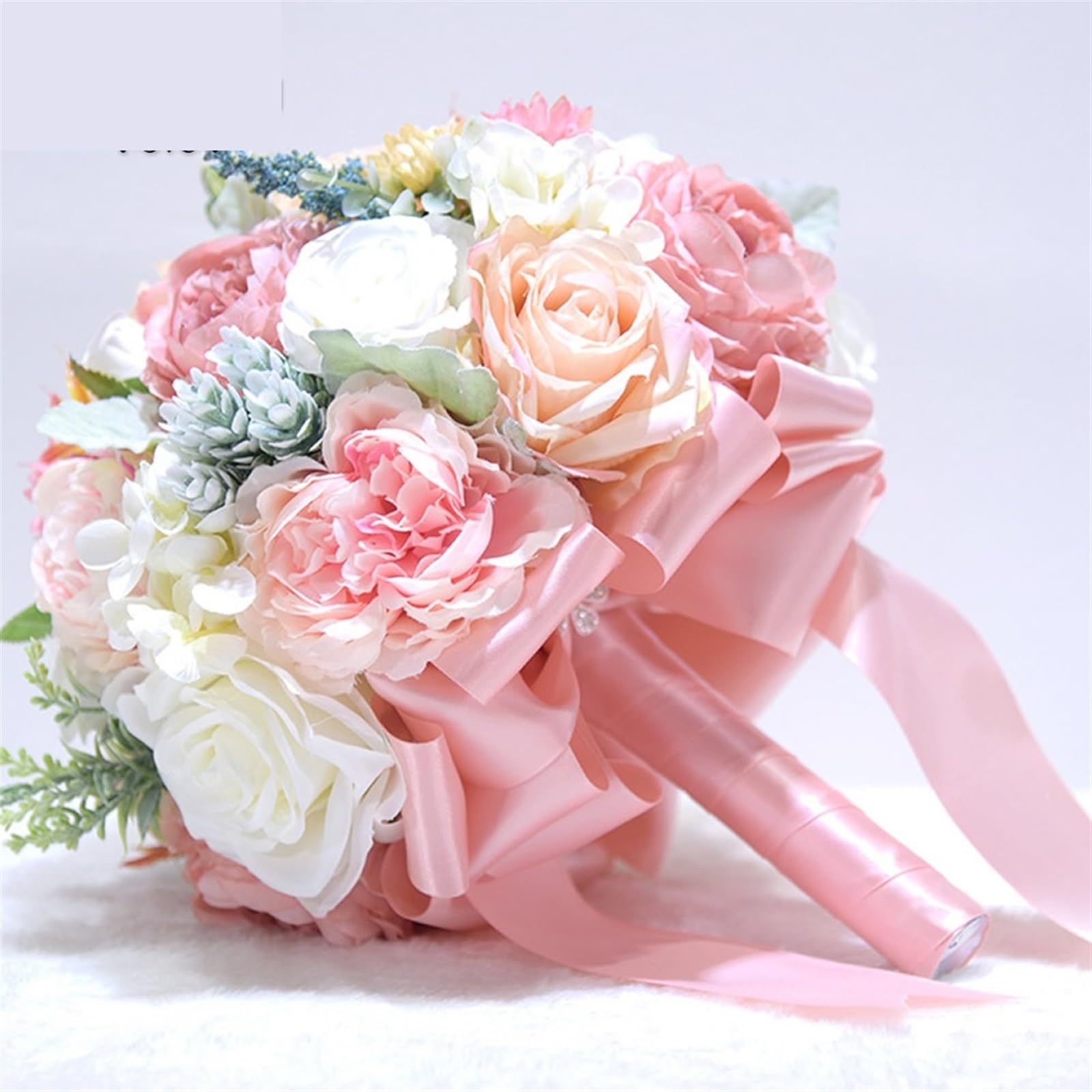 Bouquet artificiali da sposa, bouquet da sposa, Bouquet da sposa in seta con peonie rosa avorio e cipria(Pink)