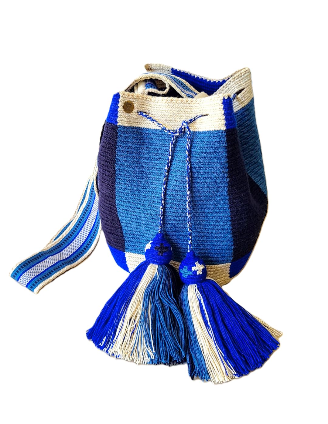 TERRA FUSION Bolso Wayuu hecho a mano | Bolsa de cubo lisa | Bolsa ética | Azul Rey, beige