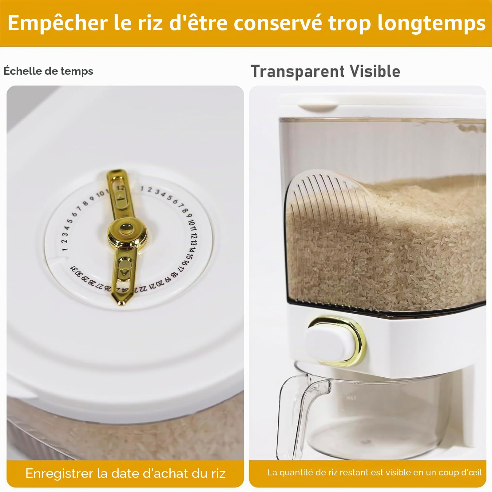 Distributeur de riz 5 kg avec verre doseur – Récipient à riz hermétique avec échelle de temps – Récipient à céréales pour cuisine, garde-manger et aliments secs – Sans BPA