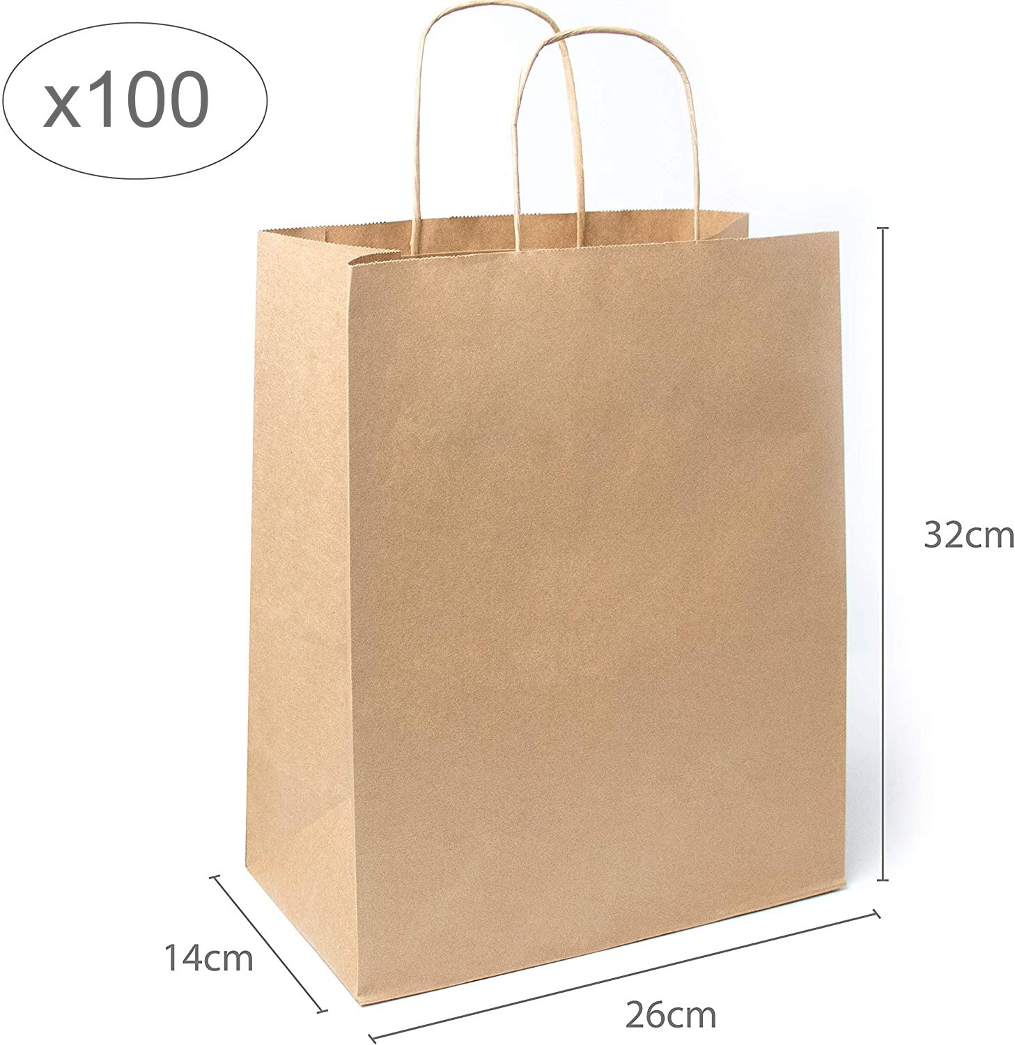 Lot de 100 Sacs Cabas Marrons en Papier Kraft avec Poignées -26 x 14 x 32 cm Sac de Courses/Emballage Cadeau pour Anniversaire, Noël, Mariage
