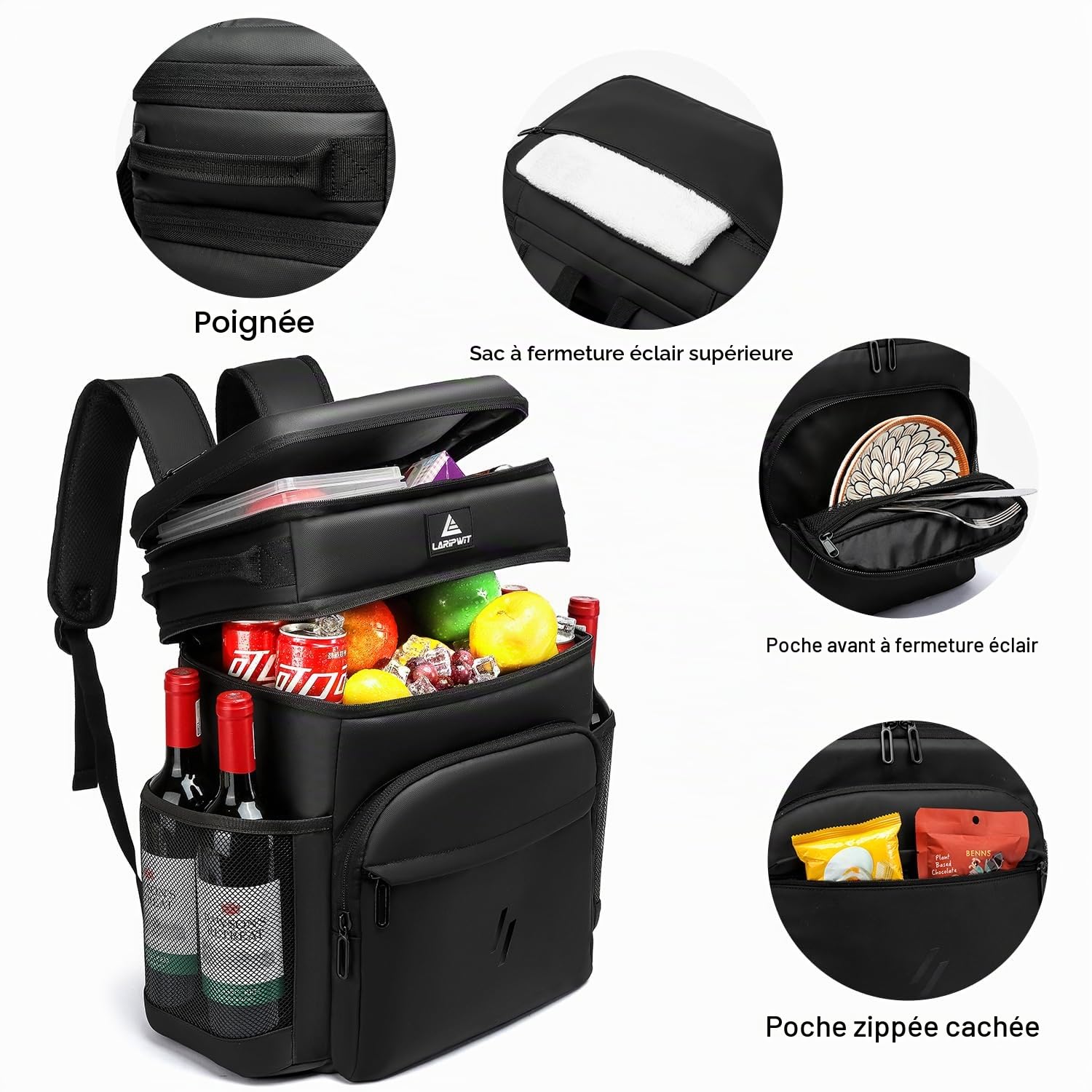 Laripwit Sac à Dos Isotherme pour 54 canettes - Sac à Dos Isotherme Anti-Fuite pour Homme et Femme - Grand Sac à Dos Doux Parfait pour Voyage Camping déjeuner Plage, Noir