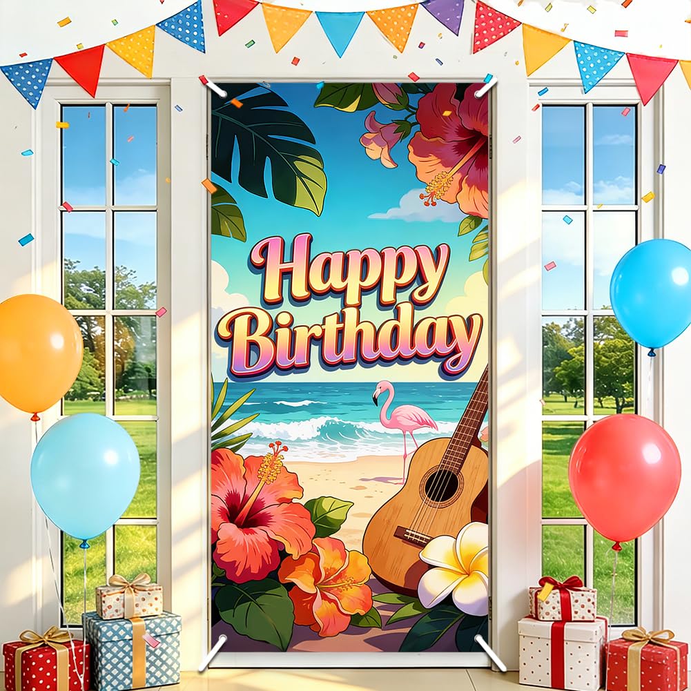 SUPERDANT Hawaiian Luau Door Banner Backdrop Summer Beach Birthday Door Cover Background Polyester Banner Shooting Backgrounds with Copper Hanging Holes Reusable Decor for Porch 185x90cm