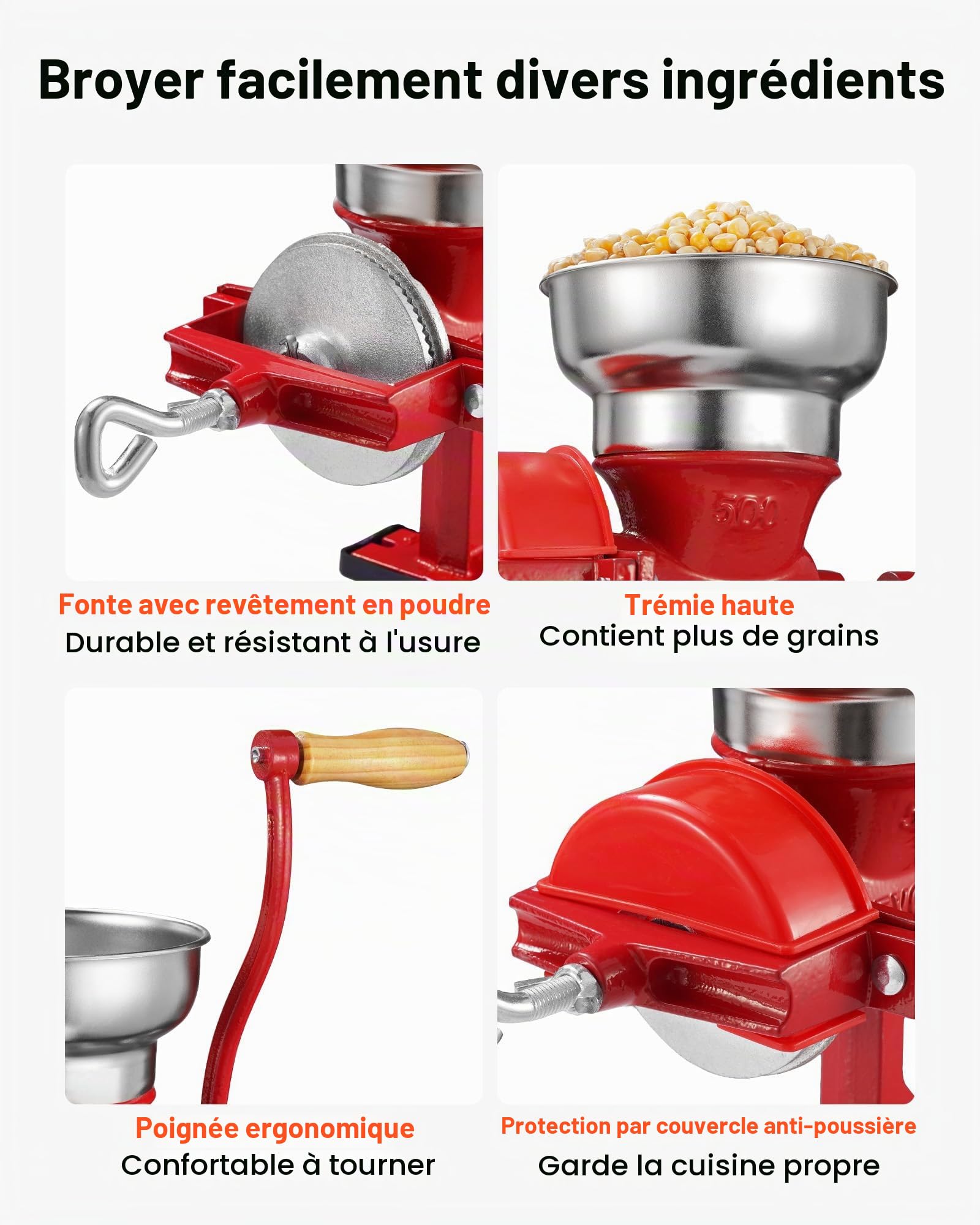 VEVOR Moulin à Grains Manuel de Table, Moulin à Céréales à Manivelle, pour Épices Grains de Café Noix Blé, Broyeur à Maïs en Fonte, Fixation Stable à Serre-joint, avec Couvercle Anti-poussières