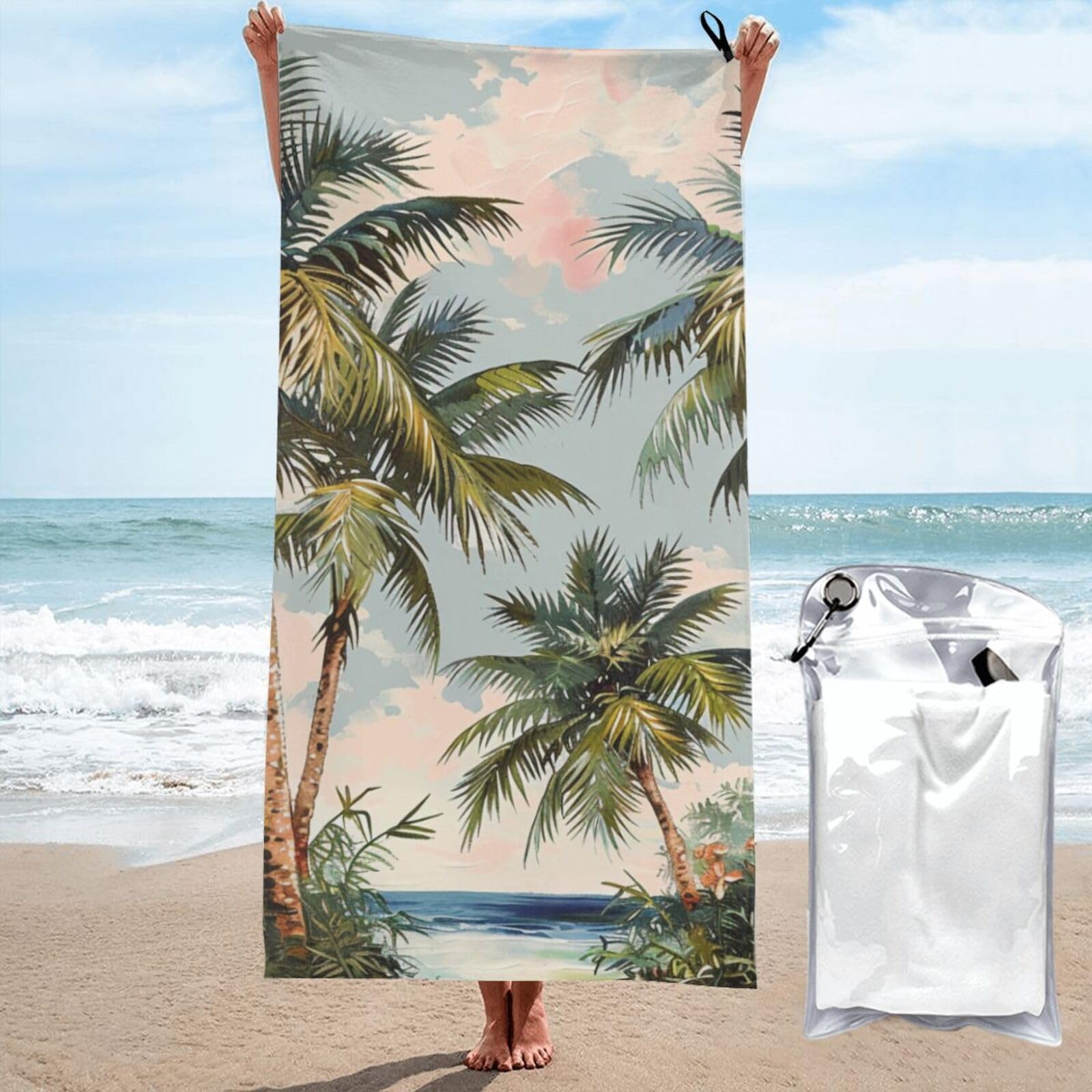 kkvhhyuo Microfiber Beach Towel, Tropical Palm Trees Printed Lightweight Quick Dry Travel Bath Sheet with Compact Carry Bag for Swimming Yoga Camping Gym,31.5"x63"
