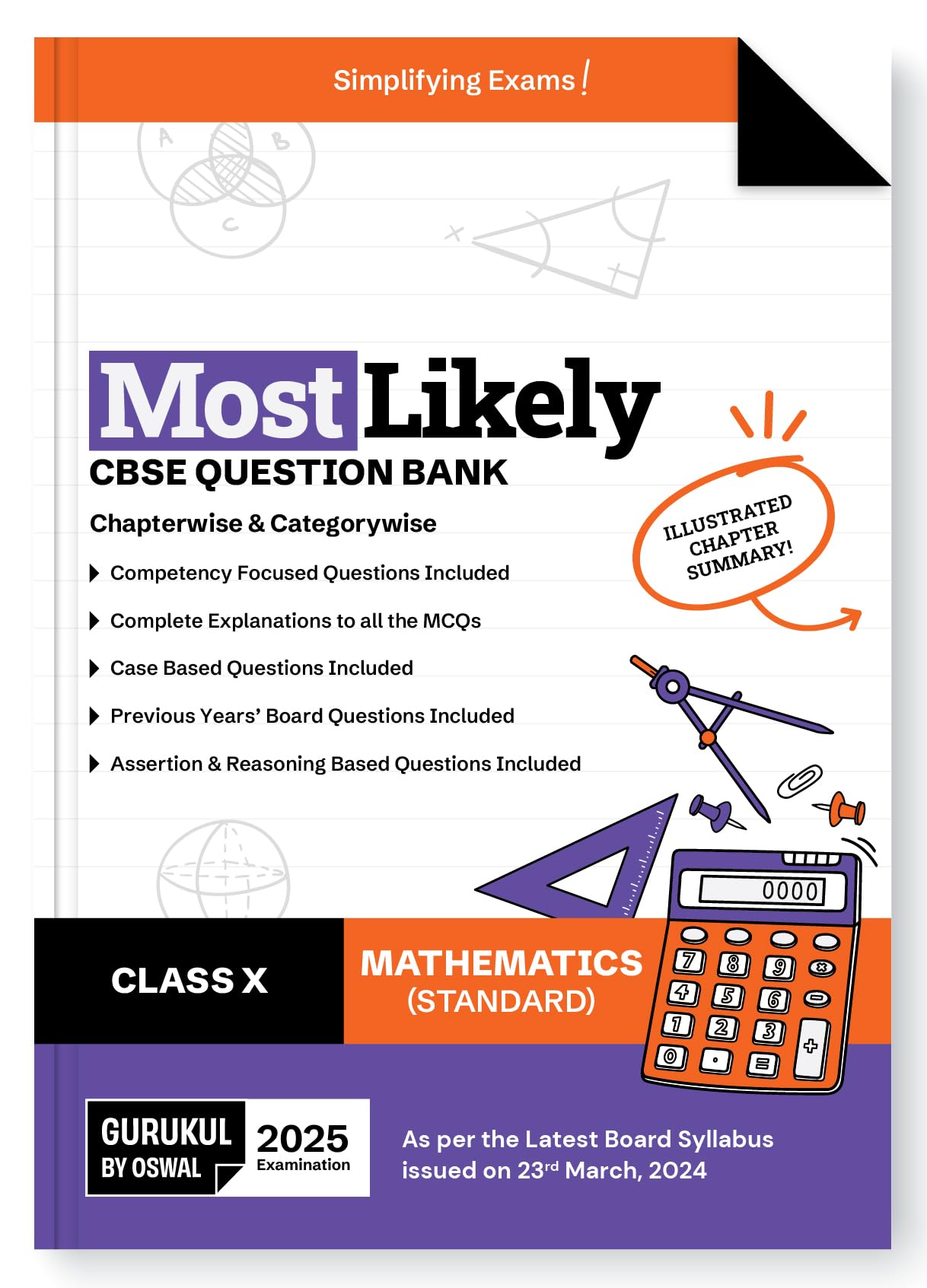 Gurukul By Oswal Maths (Standard) Most Likely CBSE Question Bank for Class 10 Exam 2025 - Chapterwise & Categorywise, Chapter Summary, Competency Focused, MCQs, Case, A&R, Previous Years' Board Qs
