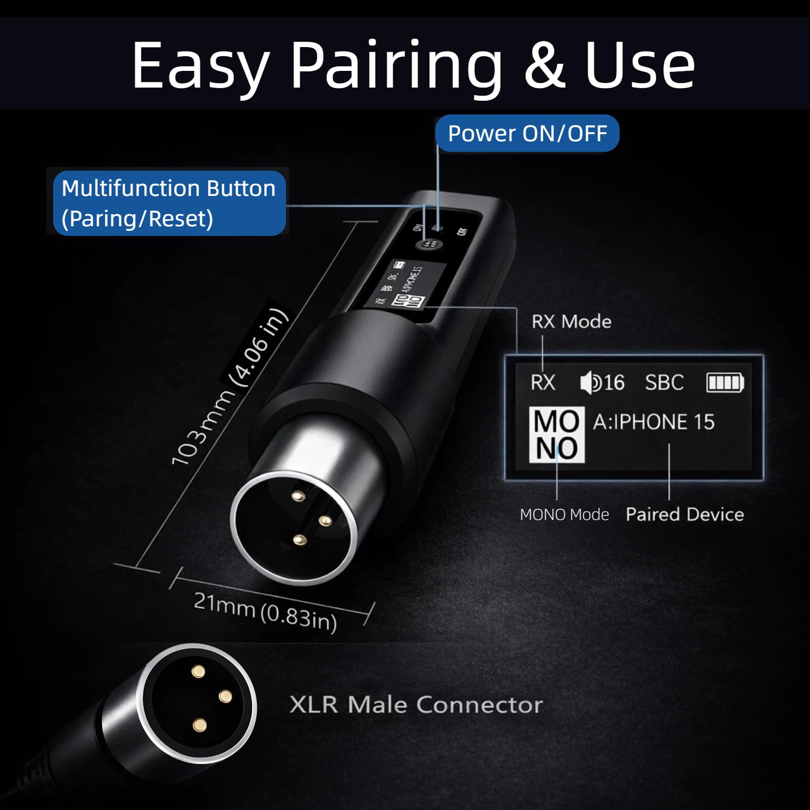 Ricevitore Bluetooth XLR wireless, adattatore audio XLR per altoparlanti PA e mixer audio, suono live e streaming, display di stato, batteria 14H, portata 30,5 m, ricarica USB-C (singolo)