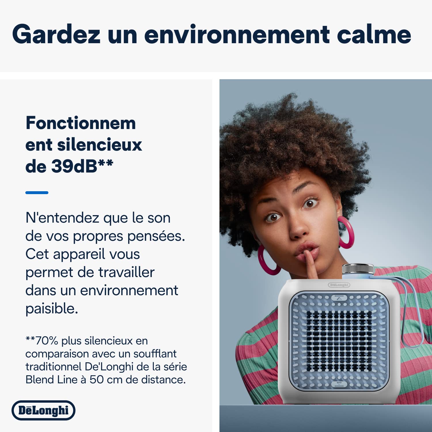 De'Longhi Capsule Desk - Chauffage Céramique Personnel, Mini-Chauffage Électrique Basse Consommation, Chaleur Immédiate, Silencieux, Arrêt Automatique si renversé, 360 W, Bleu Clair (HFX10B03.LB)