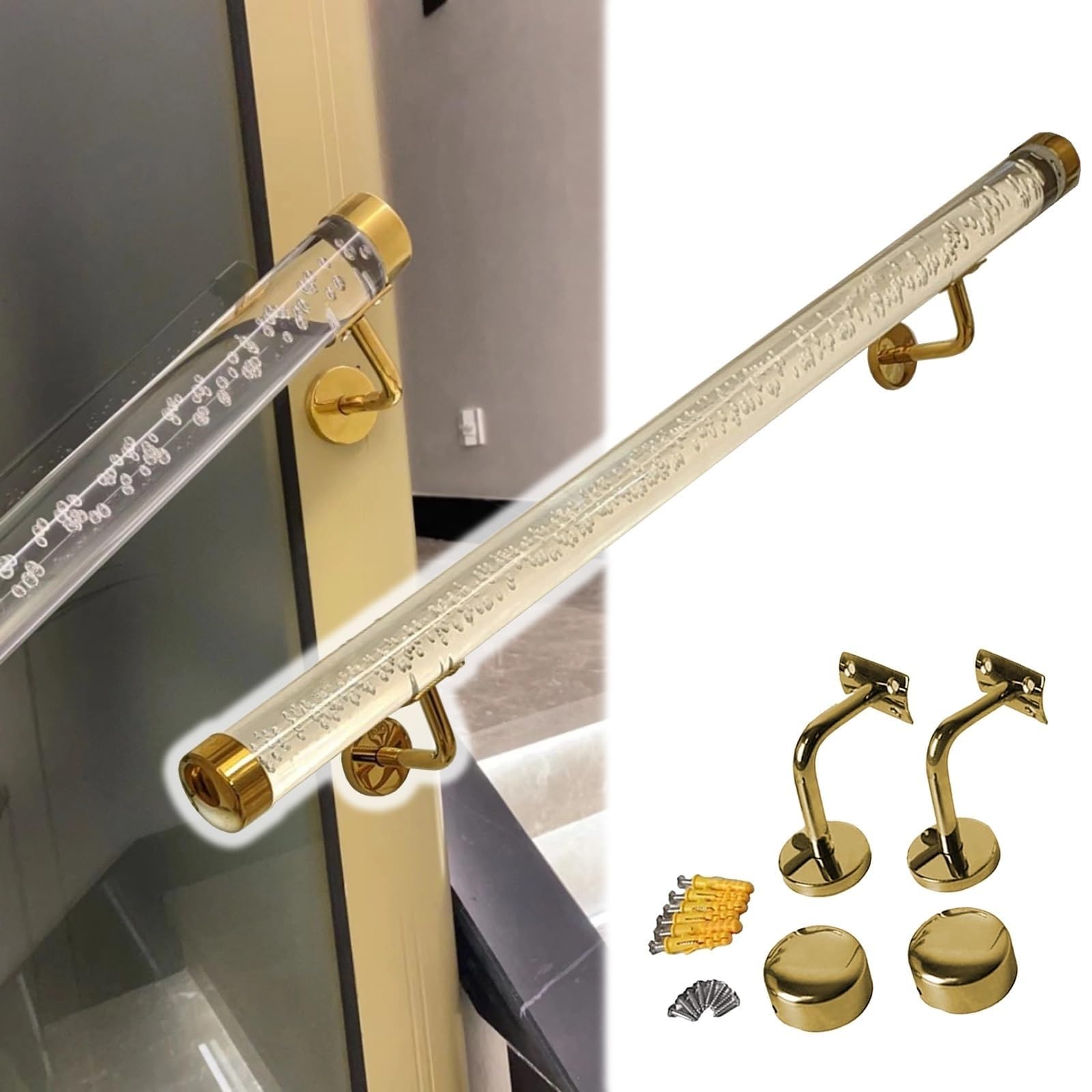 Clear Acrylic Indoor Staircase Handrail 3ft-23ft, Safety Non-Slip Stair Handrail Lucite Transparent, Wall Mount Railing Staircase Grab Bar with Fittings(320cm/10.5ft)