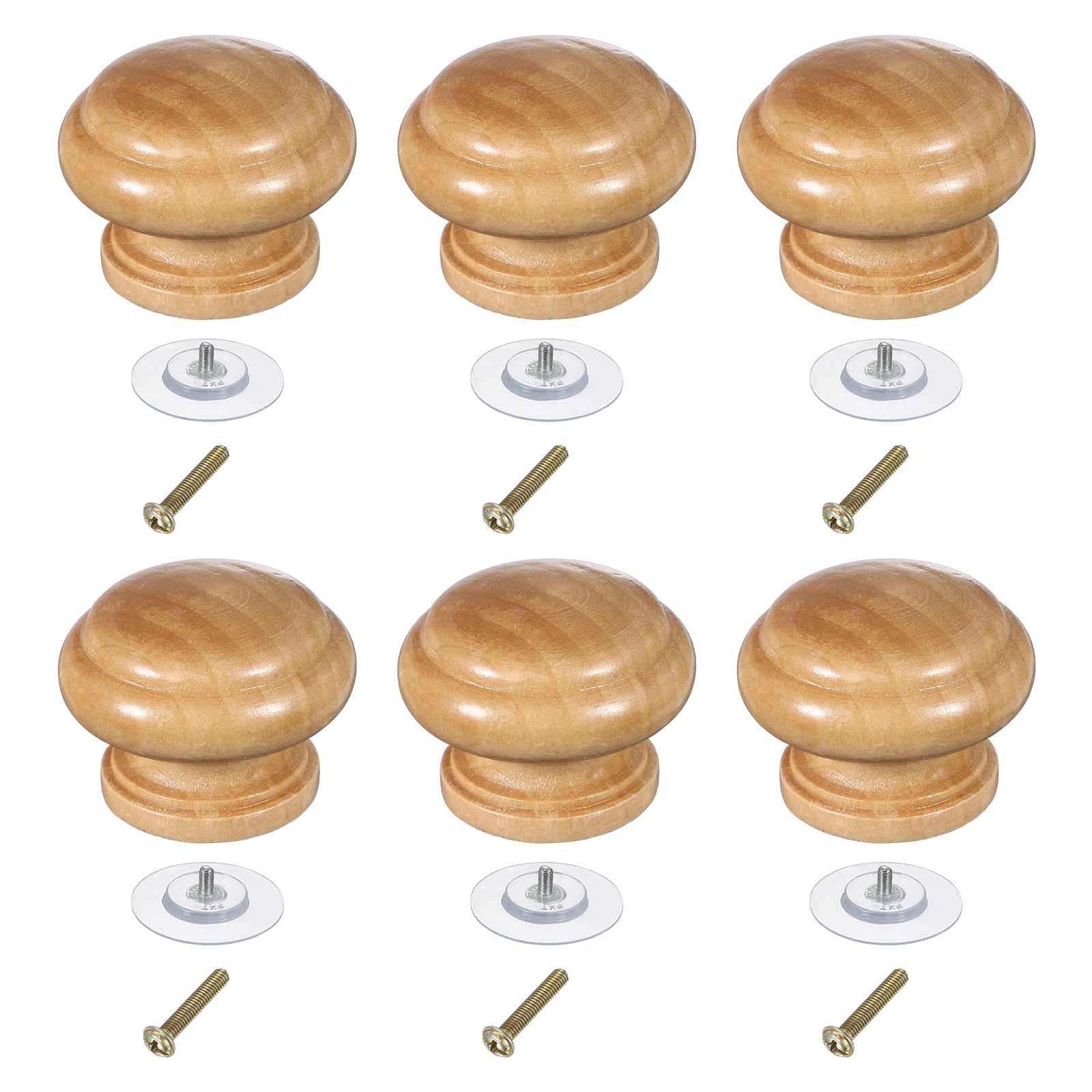 sourcing map 6 Pcs Wood Drawer Knobs, Round Single Hole Wooden Cabinet Knobs Mushroom Shape Handle Pulls with Screws for Furniture Closet Dresser, Wood Color, 34x25.8mm/1.34x1.02inch (DiaxH)