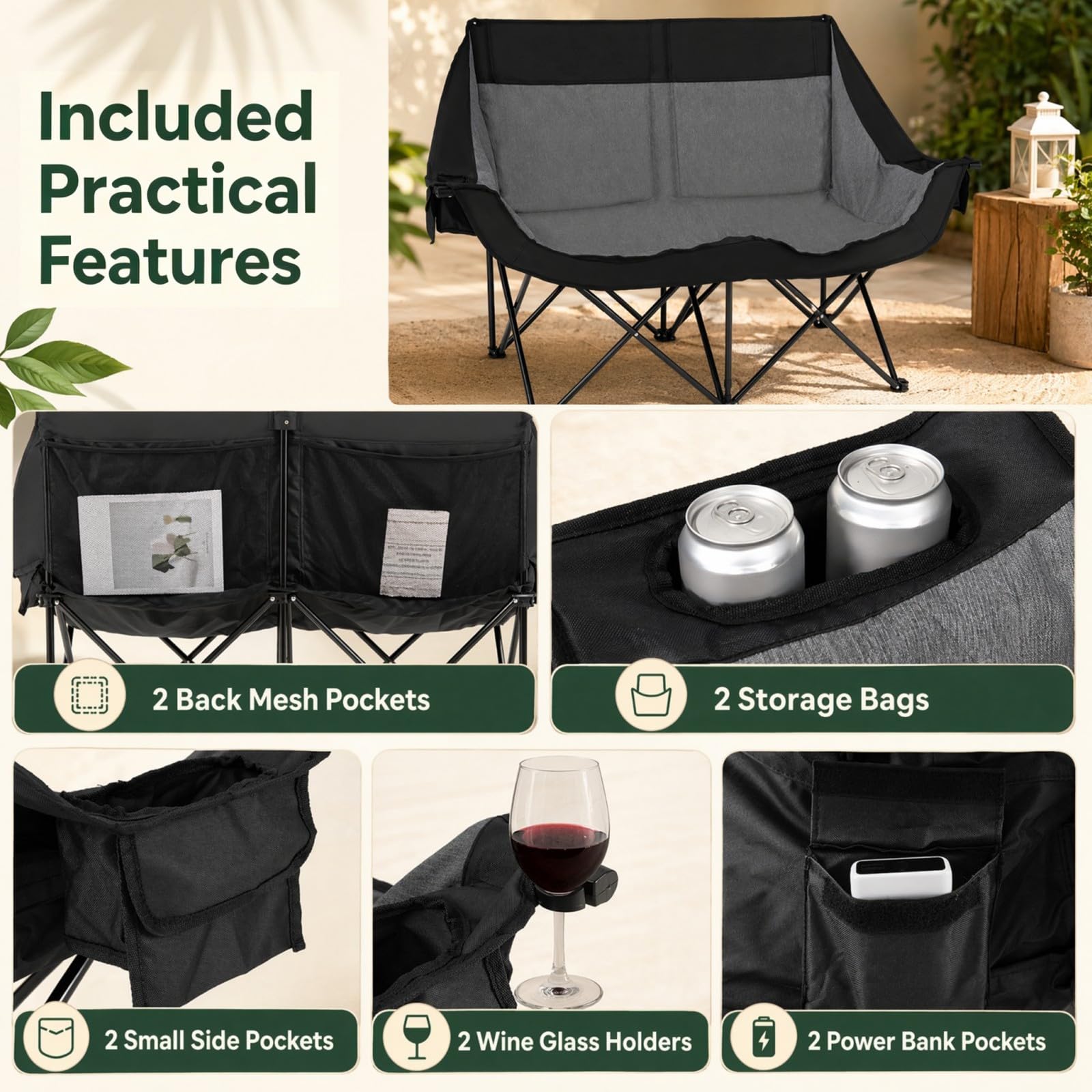 GOPLUS Silla de Camping para 2 Personas con Calefacción,Carga 300 kg | Sillón Plegable Acolchado con 3 Niveles de Calefacción, Portavasos, Bolsillos y Bolsa de Transporte para Campaña y Jardín