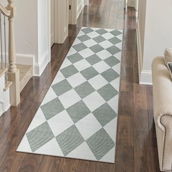 Beeiva Checkered Print Bathroom Runner Rug 2x6, Washable Non Slip Runner Rug for Hallway Ultra Thin Soft 2x6 Capet for Bedroom Decor, Modern Diamond Alfombra for Kitchen Laundry Entryway Green/White