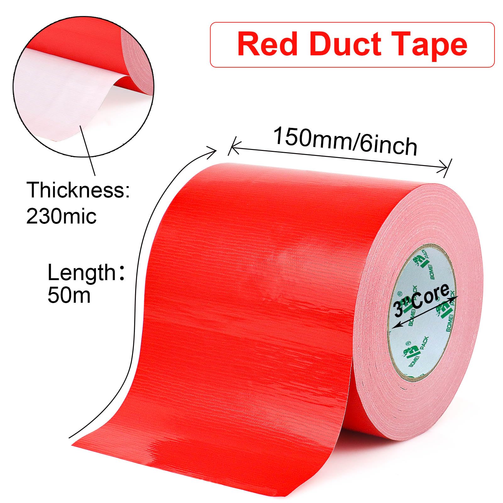 BOMEI PACK Cinta adhesiva de tela roja de 150 mm x 50 m, reforzada, resistente al agua, cinta adhesiva resistente para fijar reparaciones, cajas de etiquetado de manualidades, sellado y flejes para