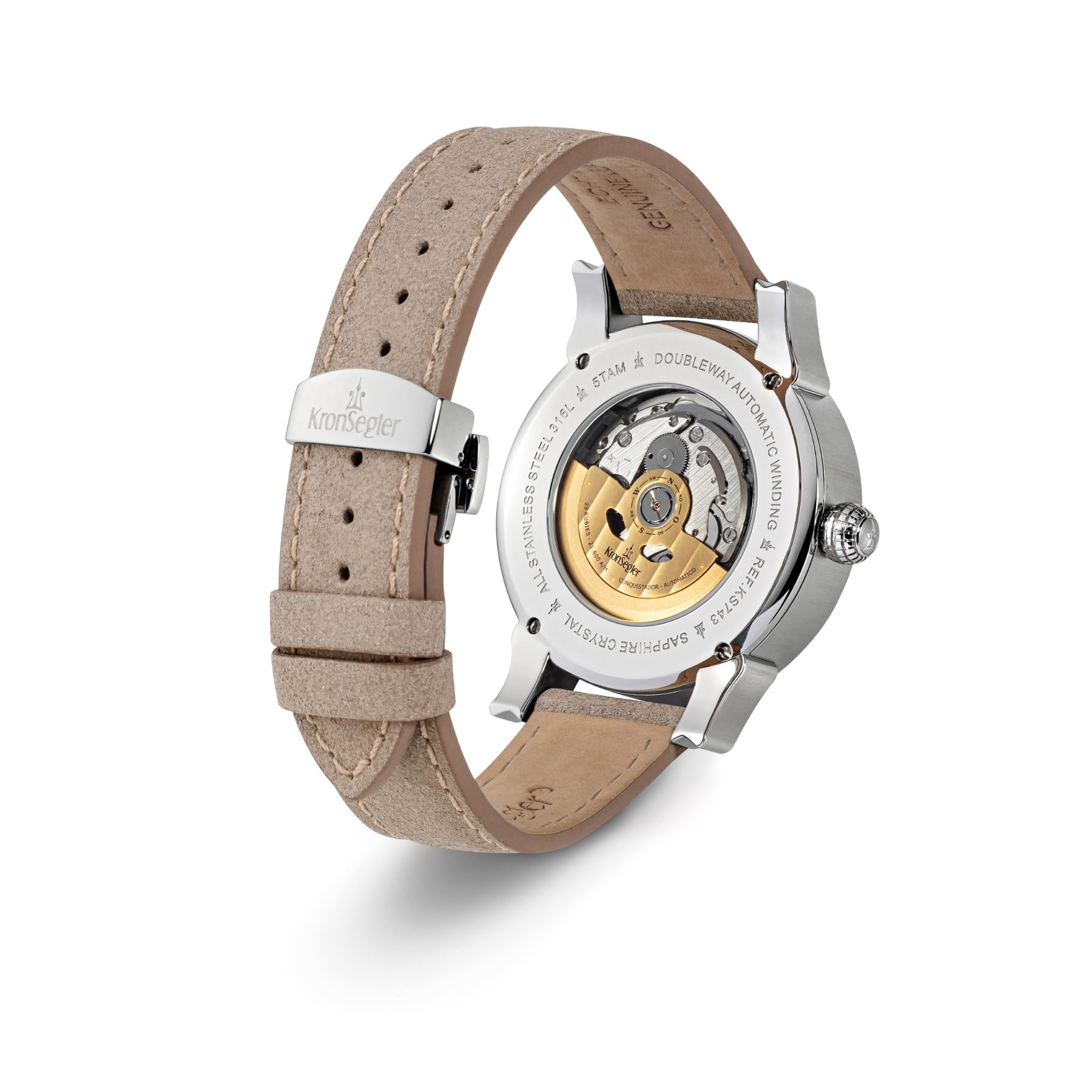 Kronsegler Conquistador Stahl - Weiß | Automatik Herrenuhr mit Gangreserveanzeige | Saphirglas, Zeigerdatum, Lederband, Faltschließe