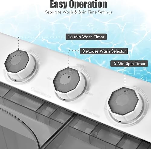Miniatura 8 de COSTWAY Lavadora portátil, 2 en 1, doble tina de 26 libras de capacidad, lavadora de lavandería (18 libras) y giratoria (8 libras) con perillas de