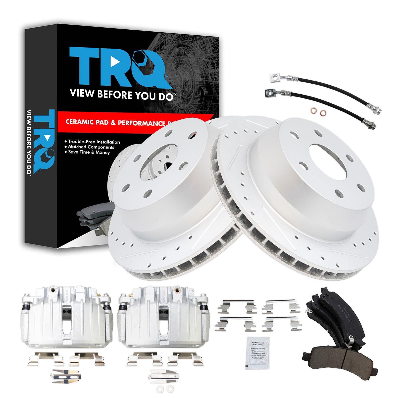 TRQ Performance Rear Brake Pad and Rotor Set Ceramic Slotted Drilled Calipers Compatible with 2002 Chevrolet Avalanche 1500 Suburban 1500 Tahoe GMC Yukon Yukon XL 1500