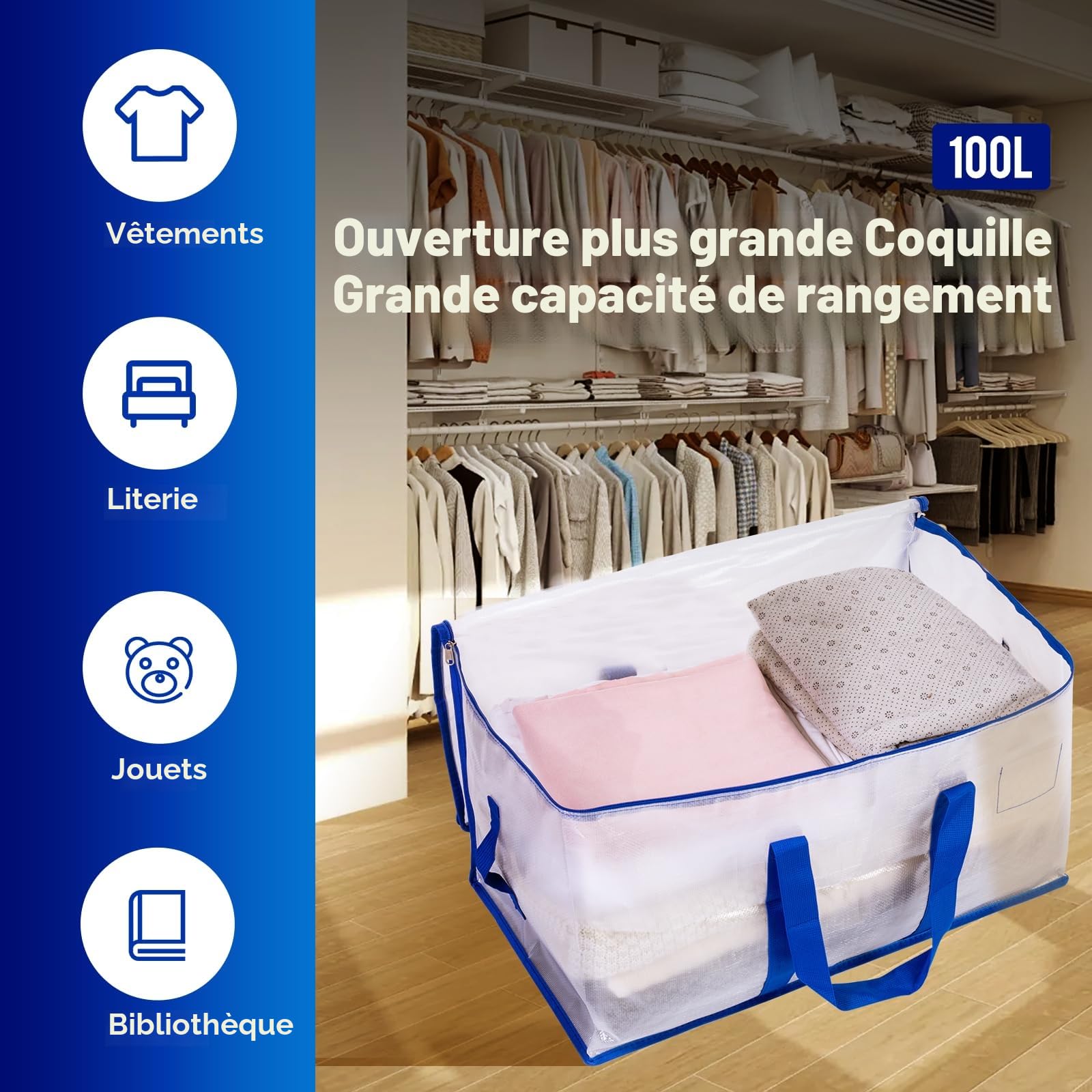 Lot de 8 Sac de Déménagement, 105L Vêtements grand Sac de Rangement Format avec fermetures éclair et poignées de transport, Alternatives aux Cartons de Déménagement