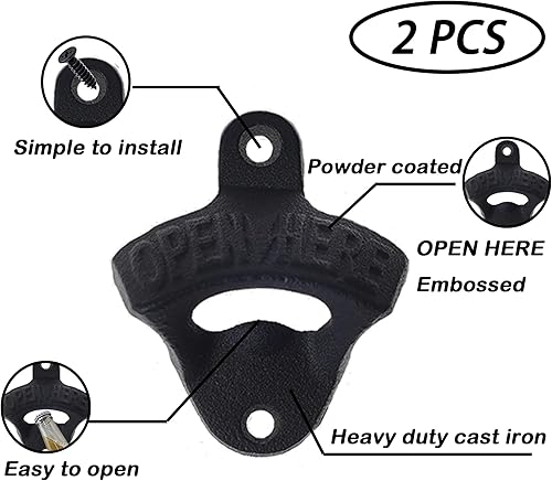 Miniatura 2 de Abridor de tapas de botellas negro montado en la pared de hierro fundido para botellas de cerveza abrebotellas de metal estacionario abierto aquí