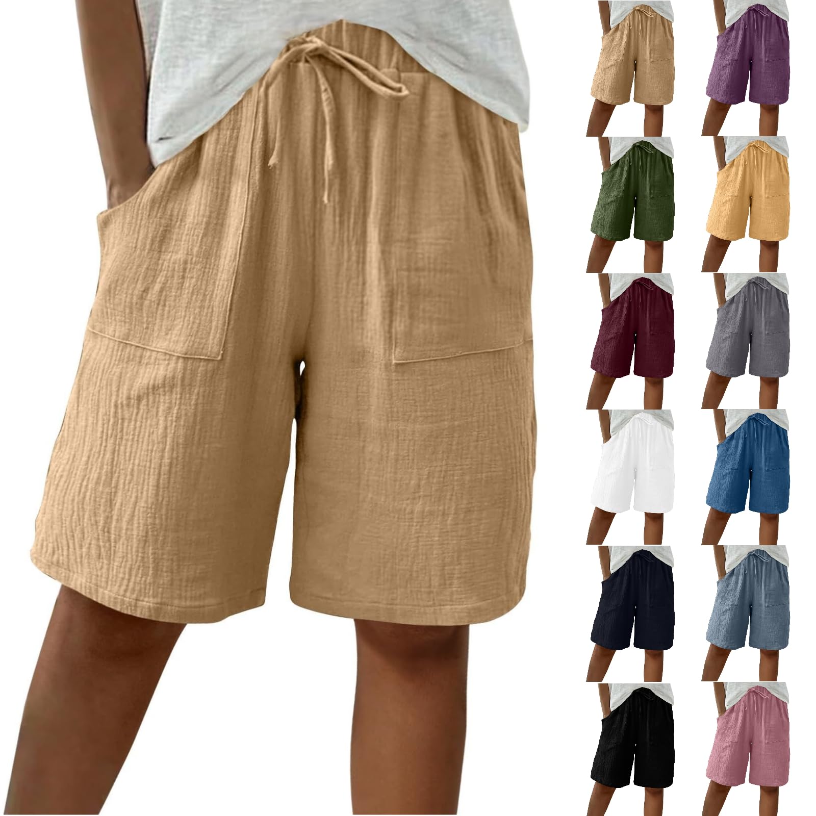 APRDFEU Bermuda Shorts for Women Knee Length High Waisted Baggy Shorts with Pockets Cotton Linen Summer Casual Lounge Outfits — view 11