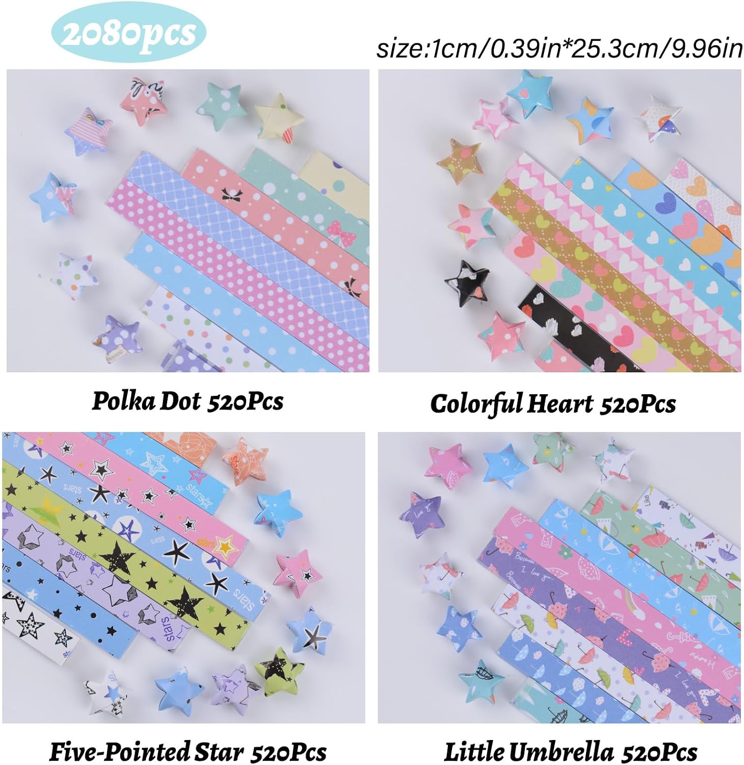 2080Pcs Colorful Origami Star Paper Strips 4 Different Styles Print Lucky Star Paper Strips for DIY Handcrafts School Teaching