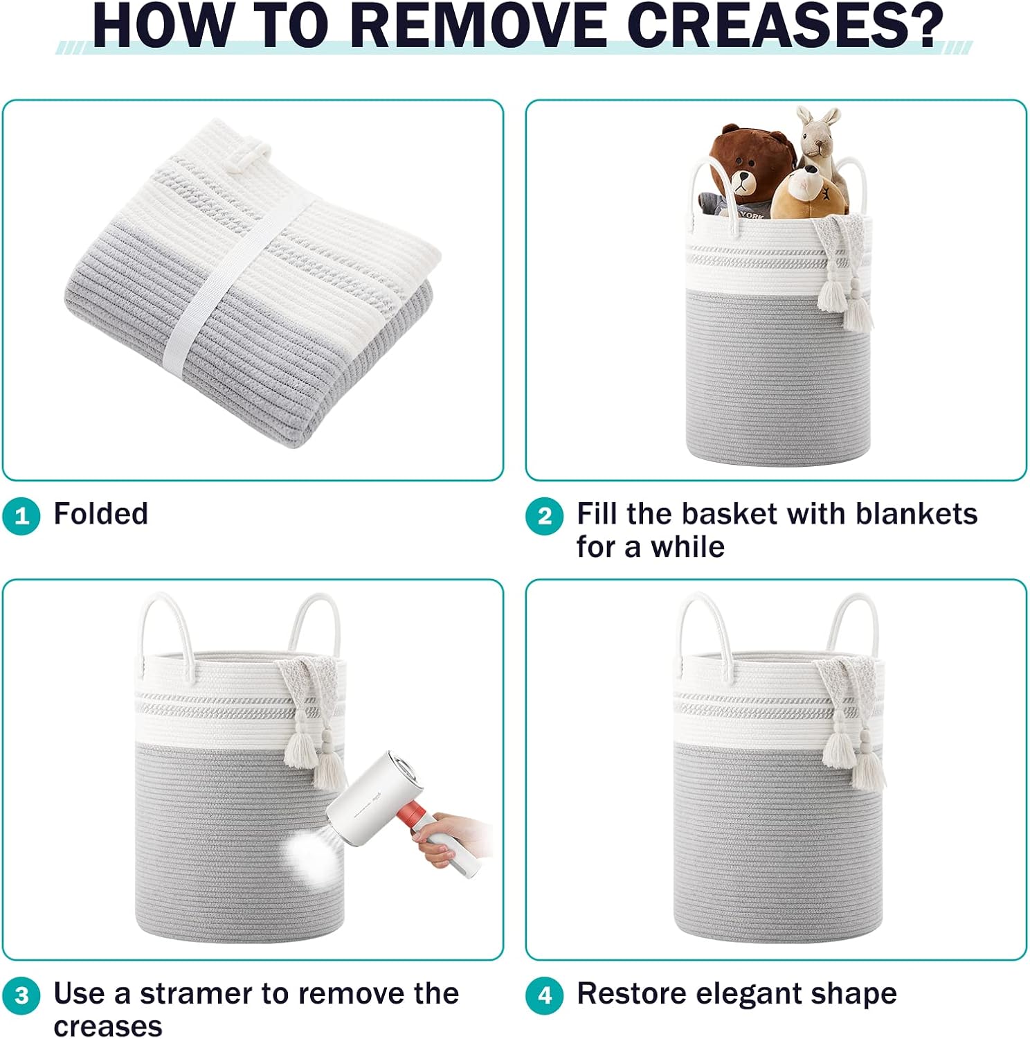 YOUDENOVA Woven Rope Laundry Hamper Basket, 58L Tall Luandry Basket, Baby Nursery Hamper for Blanket Storage, Clothes Hamper for Laundry in Bedroom-Grey - Image 8