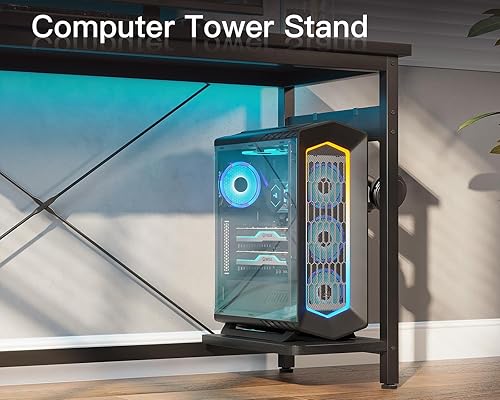 Miniatura 37 de Coleshome - Escritorio gaming en forma de L de 66 pulgadas, con toma de corriente, con soporte para CPU, escritorio esquinero para computadora, para