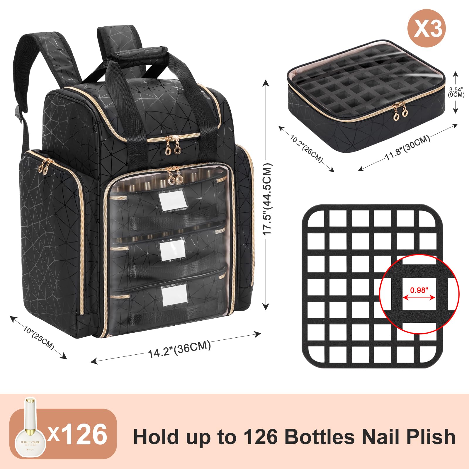 Uross Organizer per unghie per 126 flaconi di smalto e 1 lampada LED per unghie, borsa per la decorazione delle unghie, accessori (nero)