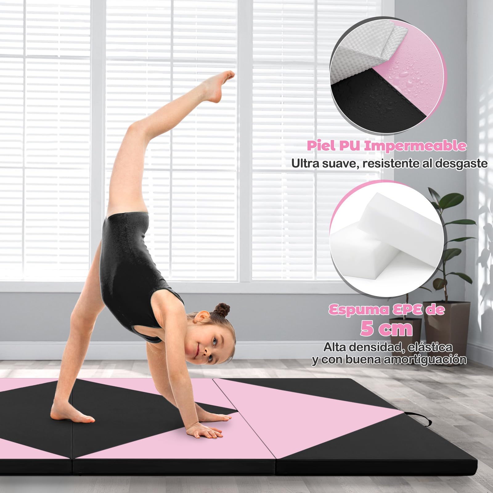 GOPLUS Colchoneta de Gimnasia Plegable, 240x117x5cm, Esterilla de Entrenamiento de Cuero Artificial con Asas de Transporte, Alfombra de Suelo para Fitness Yoga (Rosa + Negro)