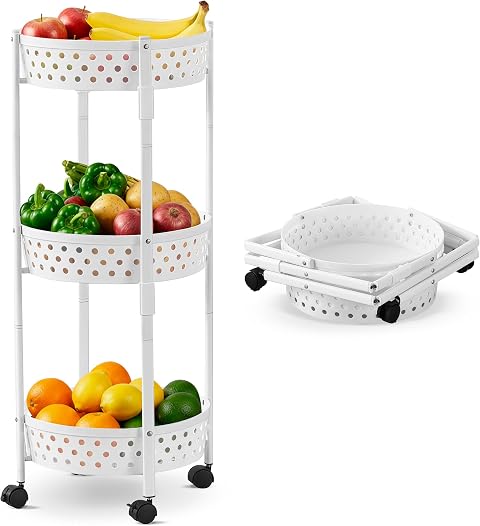 JUPPLIES Carrito Auxiliar con Ruedas para Cocina Plegable y Compacto (83x34,5cm) – Mueble Organizador Metálico de 3 Niveles con Cestas de Gran Capacidad, Montaje sin Herramientas