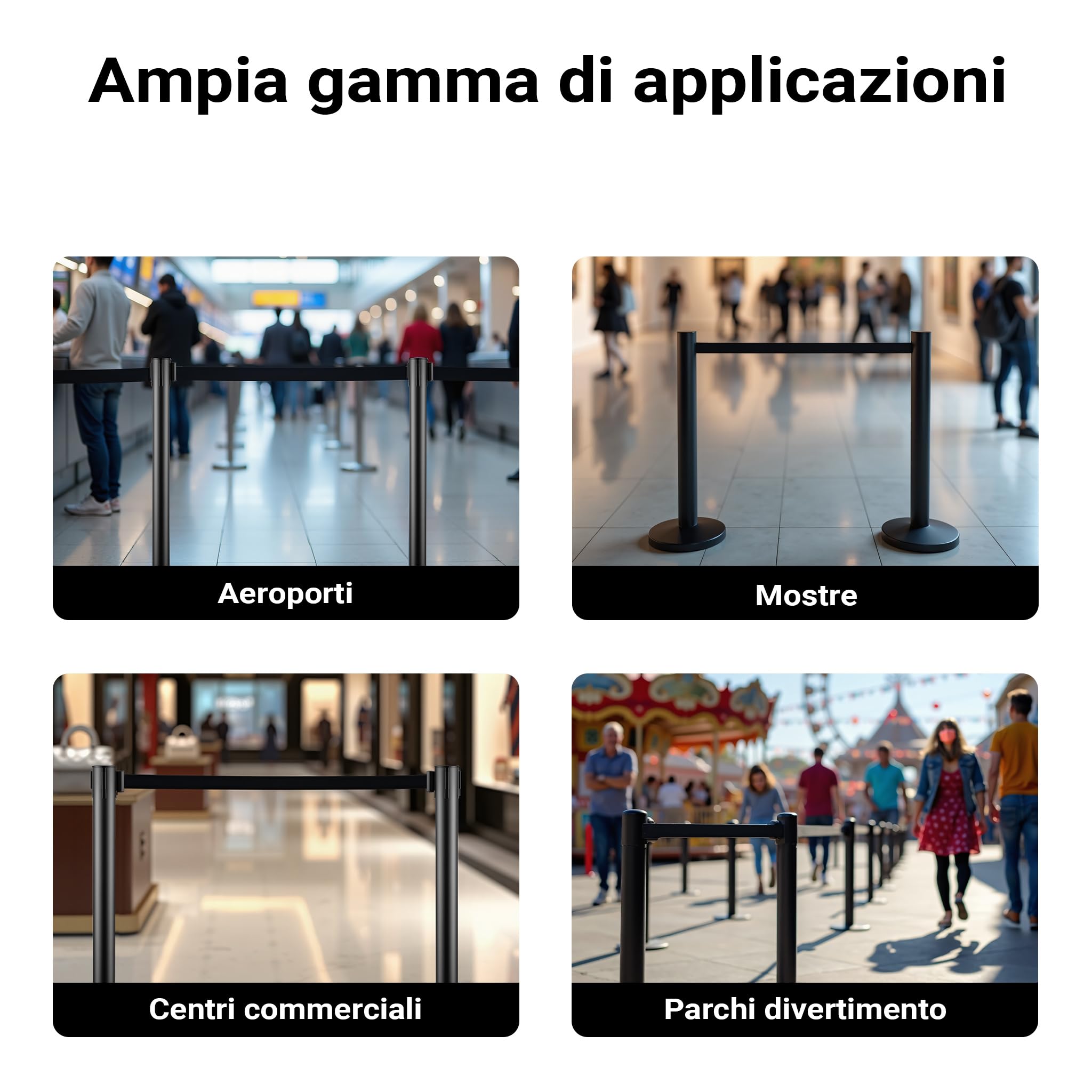 Wiltec Colonnine tendinastro 320 x 70 x 900 mm, Set 2 paletti delimitatori in acciaio con nastro nero
