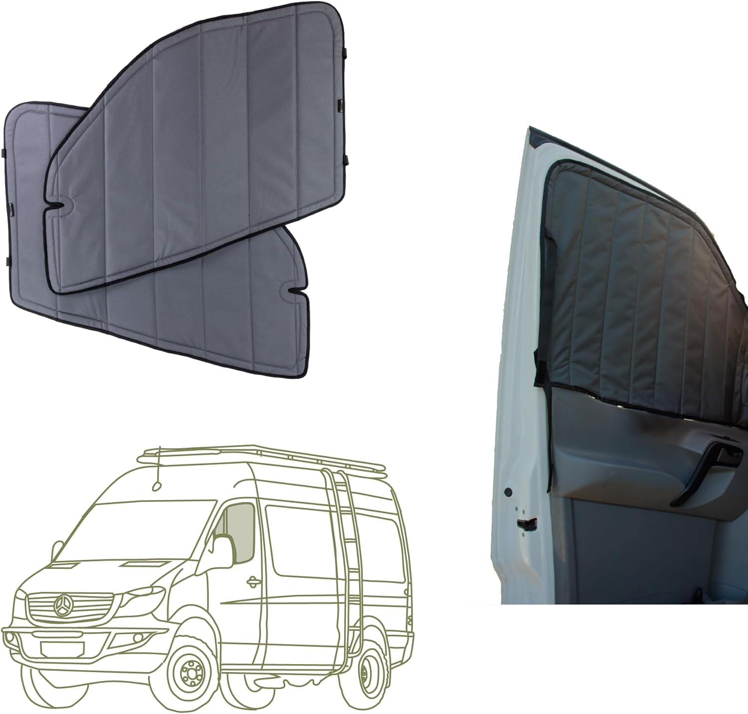 VanEssential Insulated Magnetic Blackout Front Door Window Covers (Pair) Designed for Mercedes-Benz VS30 (Van Years 2019 to Current) - Charcoal Gray