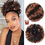 rosmile Afro Puff Drawstring Ponytail Extension for Black Women, Premium Black to Brown 80 Gram Short Synthetic Afro Puff Ponytail for Natural Hair, Clip on Kinky Drawstring Curly Ponytail Bun