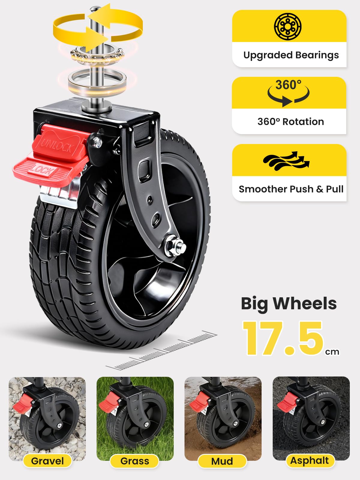 YEAUPE PRO Carrello Spiaggia, Carrello Pieghevole con Ruote – Doppi freni ant., ruote grandi, manico reg., post. aprib. oggetti lunghi – per campeggio/spiaggia, 160-240L, Nero Lucido