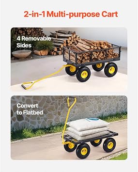 Happybuy 500 Lbs Steel Garden Cart, Heavy Duty Pullable Cart with Wheels for Garden, Metal Yard Utility Wagon with 10 All Terrain Tires, Removable Mesh Sides and 180 Rotating Handle