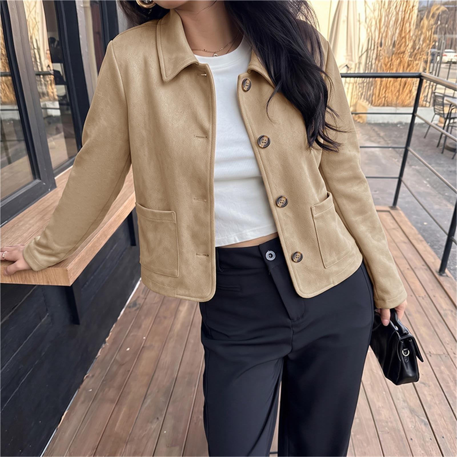 Giacca donna ecopelle scamosciata col rever bottoni larga corta casual