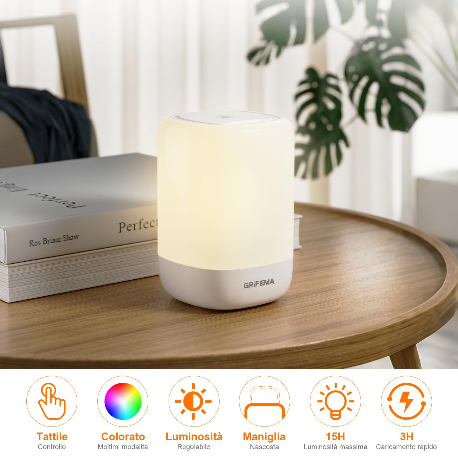 GRIFEMA Abat Jour da Comodino Senza Fili GD104 – Lampada Touch Ricaricabile, 7 Colori RGB a Gradiente, Timer 30 Min, USB-C per Camera da Letto, Bambini, Campeggio