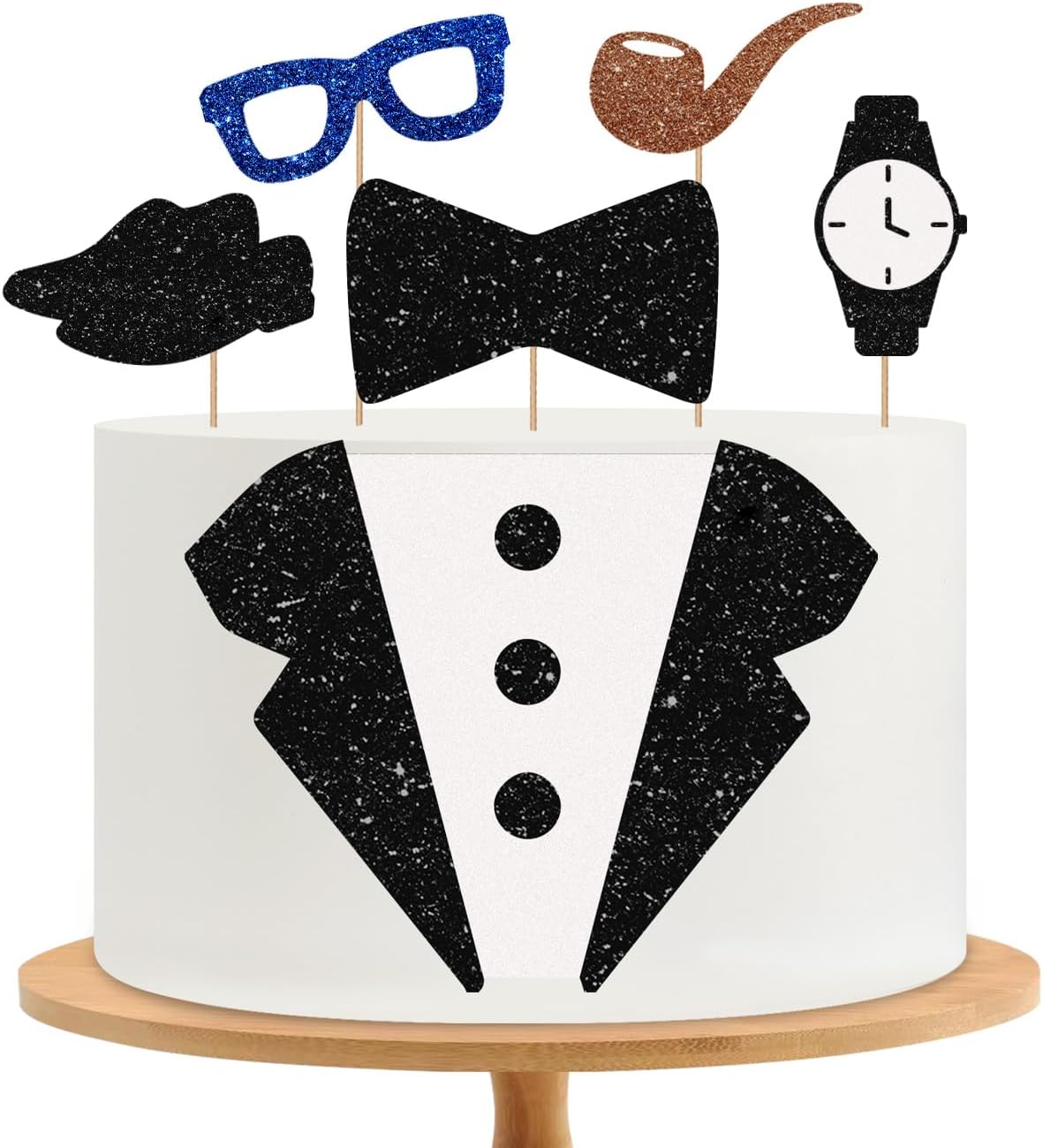 Father's Birthday Cake Topper, Tuxedo Cake Decor, Black Glitter Men Suit Bow Tie Watch Shoes Pipe Cake Topper for Men, Dad/Gentlemen Birthday Party Decoration