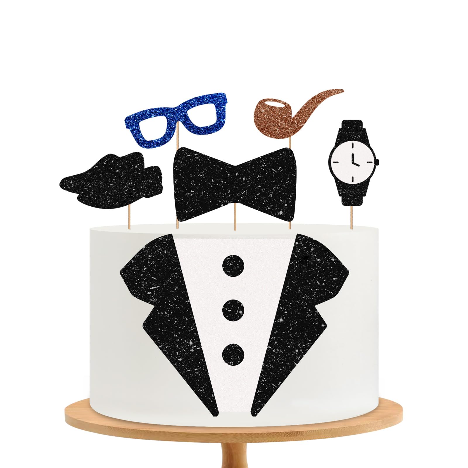 Father's Birthday Cake Topper, Tuxedo Cake Decor, Black Glitter Men Suit Bow Tie Watch Shoes Pipe Cake Topper for Men, Dad/Gentlemen Birthday Party Decoration