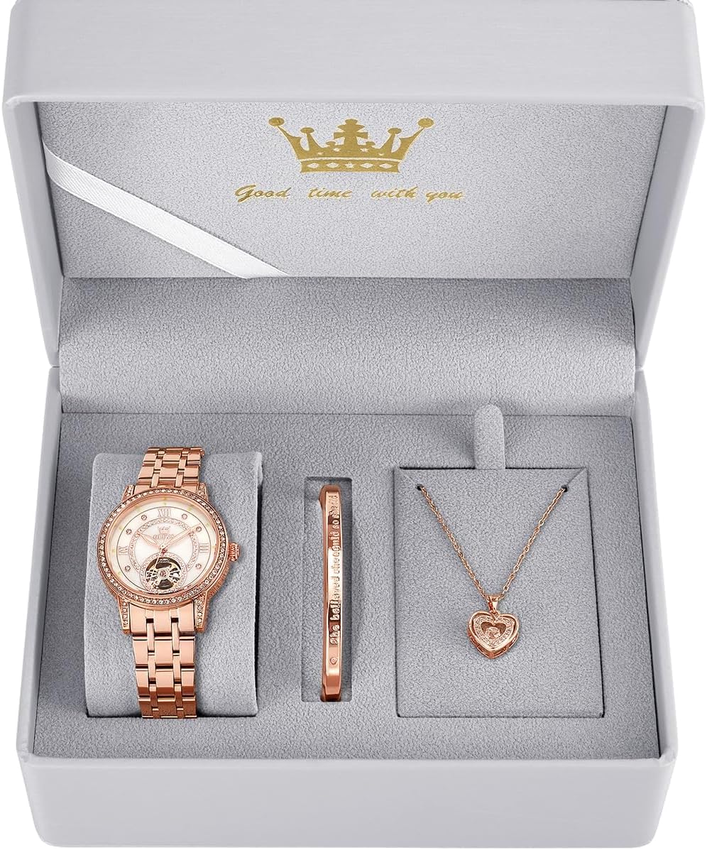 OLEVS Automatic Womens Watches Mechanical Diamond Skeleton Luxury Dress Stainless Steel Silver/Rose Gold Waterproof Luminous Ladies Wrist Watches Gift Set