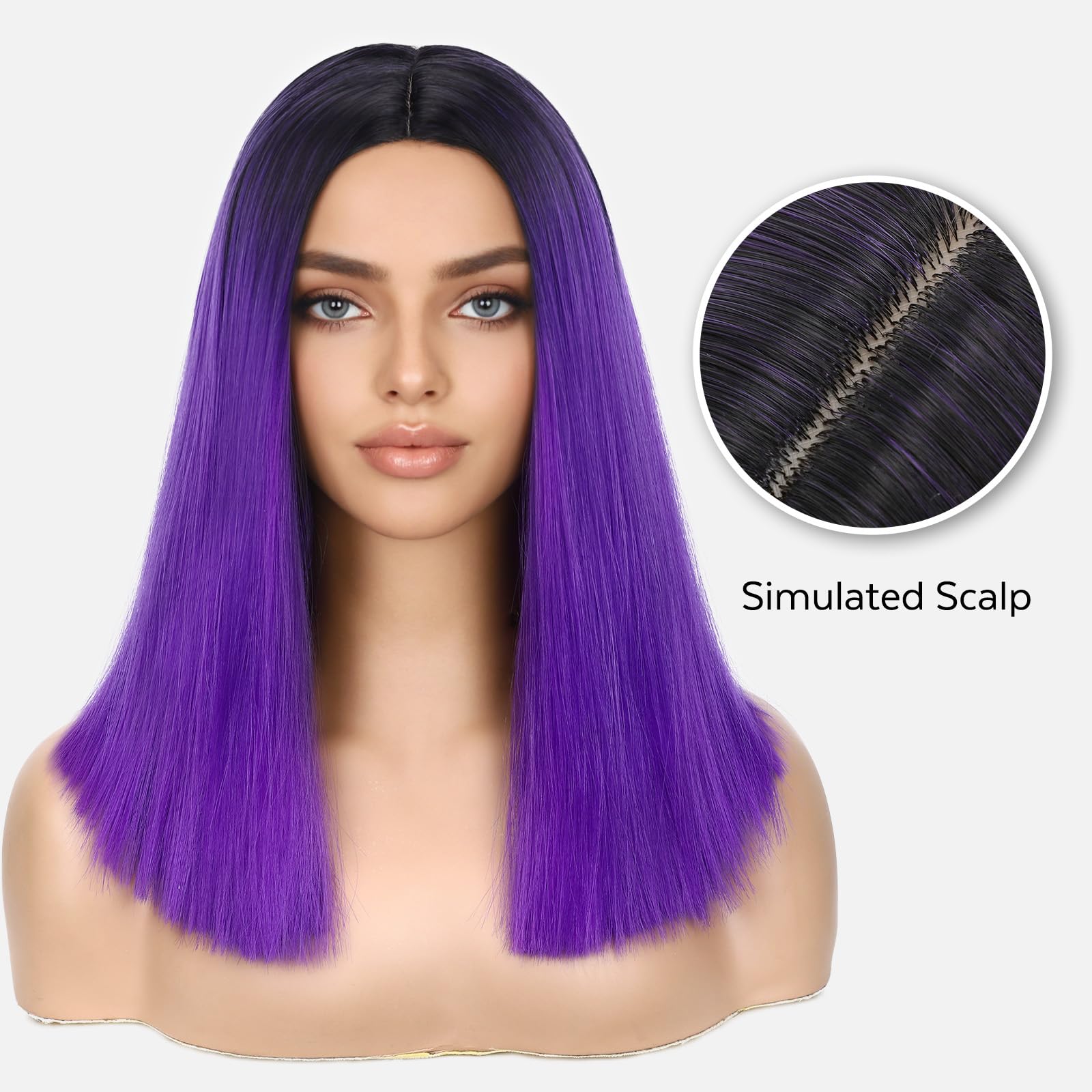 HANNE Ombre Black to Purple Wig Short Bob Wigs Shoulder Length Bob Hair Short Straight Hair Bob Wigs for Women Ombre Purple Wig Halloween Rumi Cosplay Wigs (Ombre Purple): 1-Ombre Purple