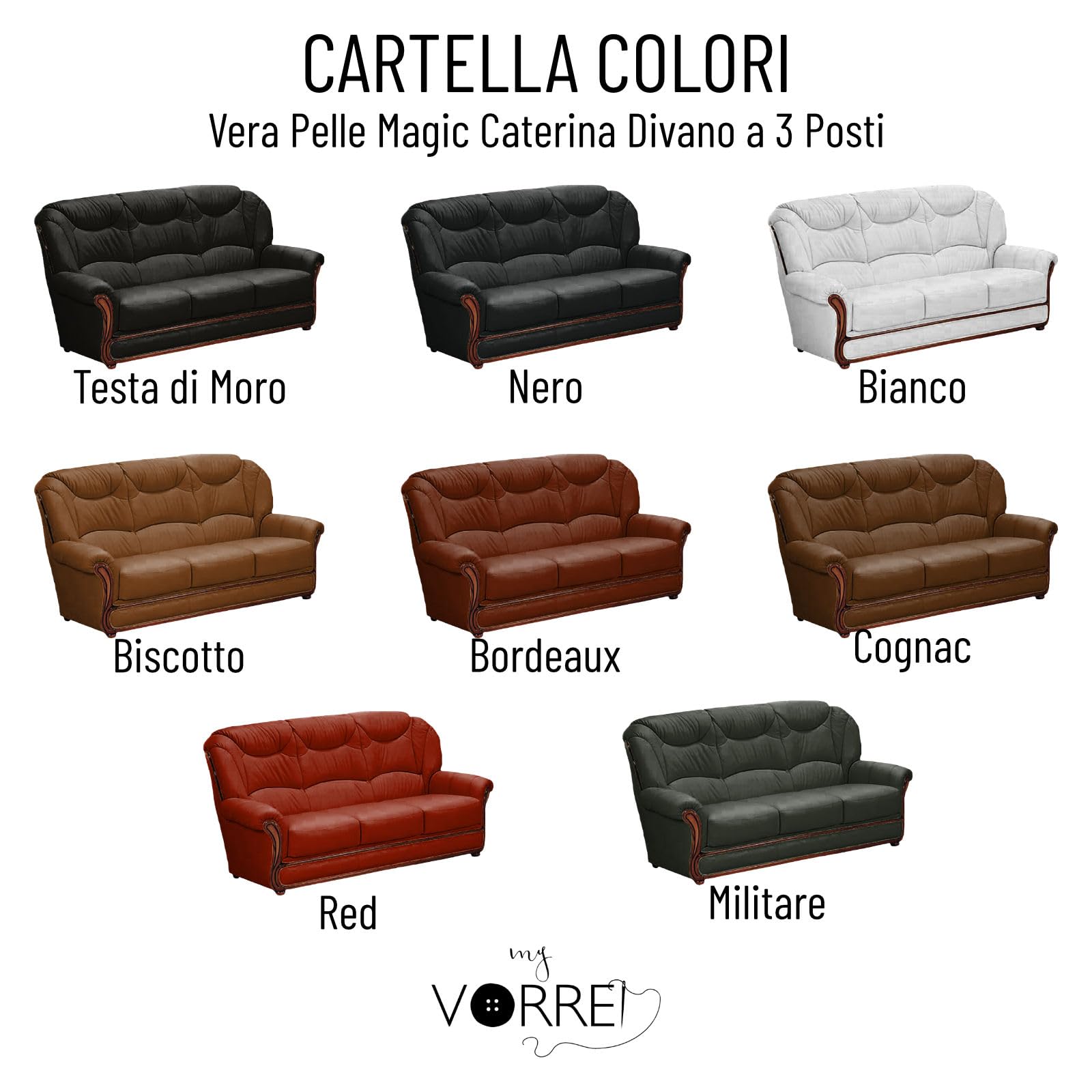 Divano 3 Posti in Vera Pelle Made in Italy cm 182x95 h 102 in 16 Colori Possibilità di spedire campioni della Pelle in Tutta Europa
