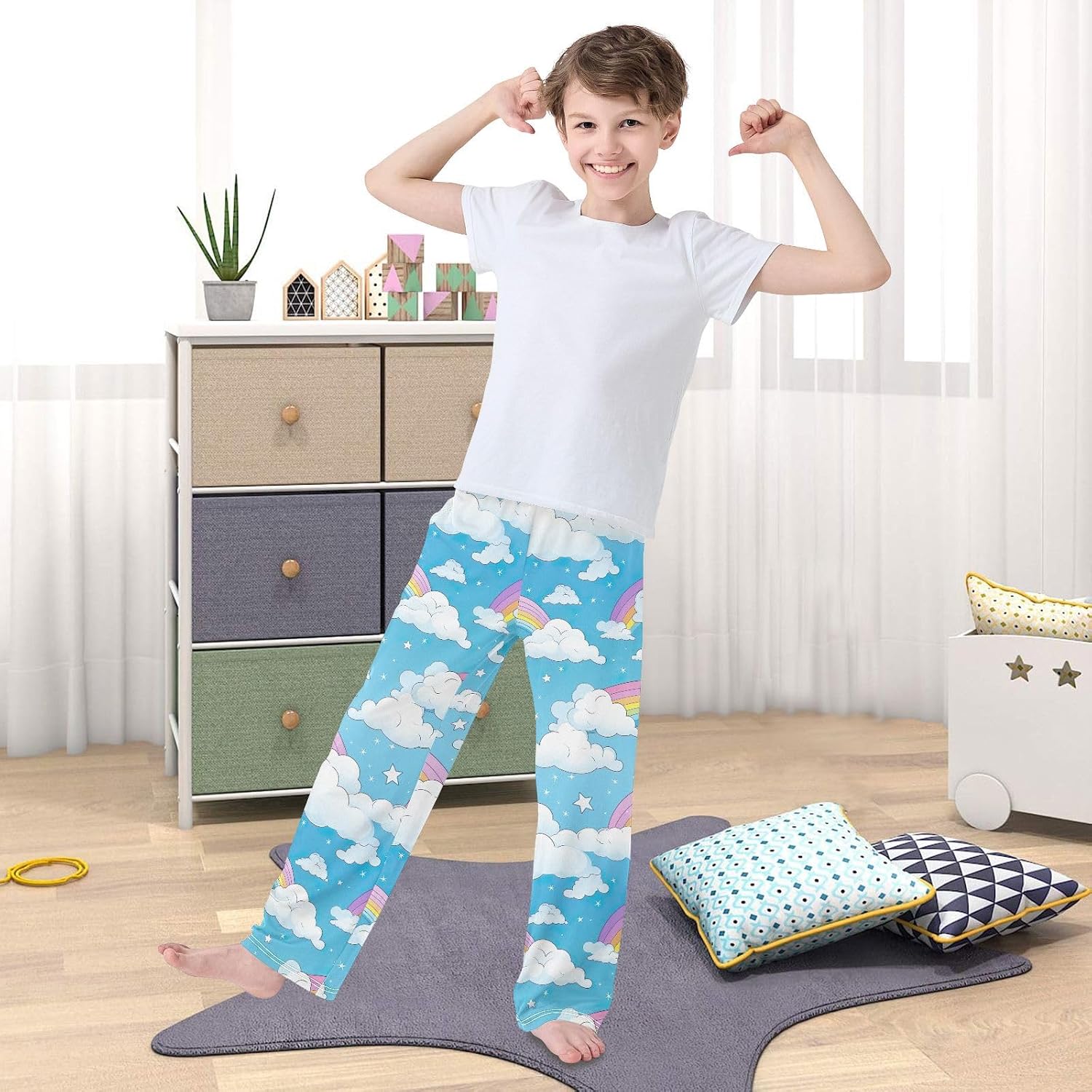 Cute Cartoon Rainbow Clouds Pajama Lounge Pants with Elastic Waist Pockets Long Pajama Bottoms for Christmas