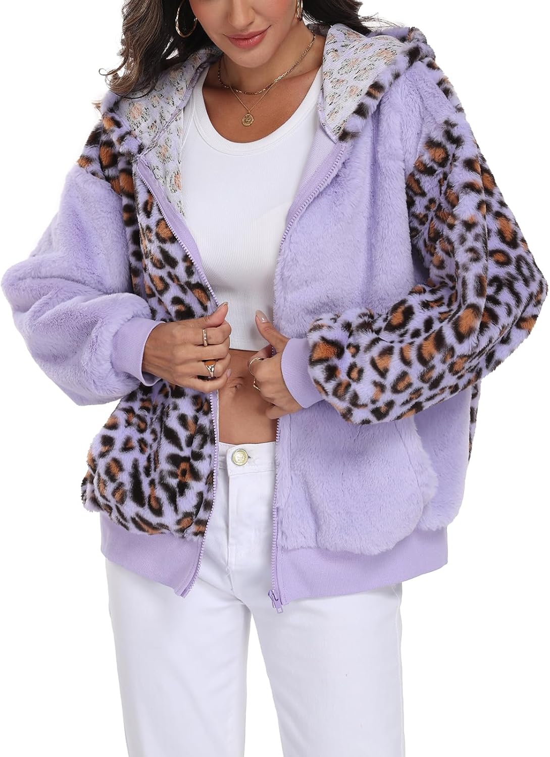 Kimmery Womens Fuzzy Sherpa Zip Up Hoodie Color Block Cozy Winter Jacket with Non-Fleece Inner Lining for Street & Daily - Image 4