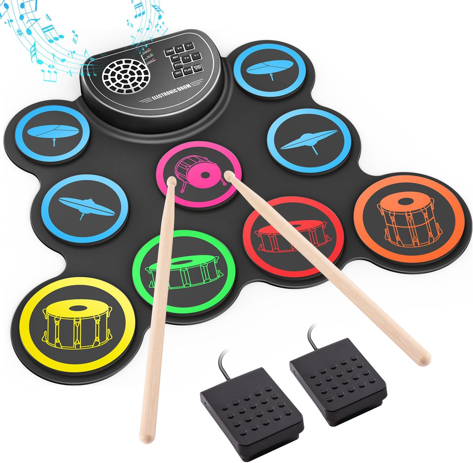 Sboet Electronic Drum Set, 9-Drum Practice Pad with Headphone Jack, Roll-up Drum Kit Machine with Built-in Speaker Drum Pedals and Sticks 10 Hours Playtime, Great Christmas for Kids