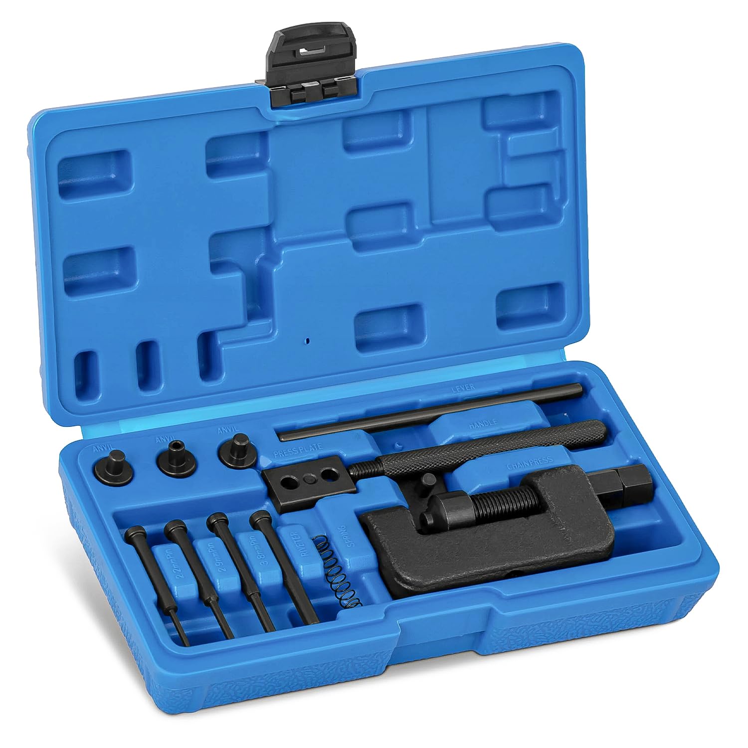 13 Piezas Remachadora Cadena Moto Kit, Tronchacadenas Moto Kit de Reparación, con Carcasa de Plástico de Alta Resistencia, Herramienta para Cortar Cadenas y Remachar