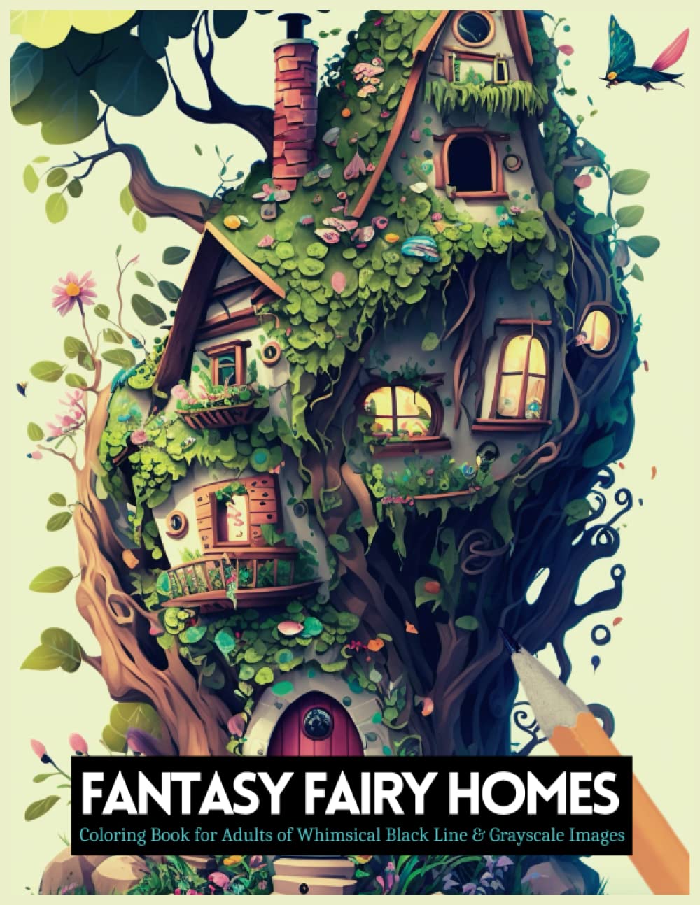 Fantasy Fairy Homes Coloring Book for Adults: 50 Unique Whimsical Black Line and Grayscale Images | Relaxation and Anxiety Relief for Women & Men